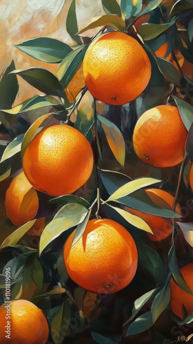Fresh oranges hanging from vibrant green leaves in sunny orchard environment