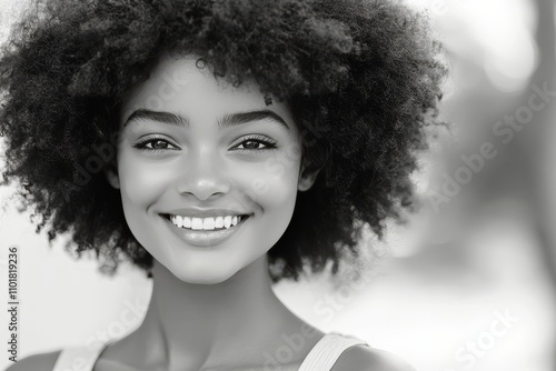Smiling woman with curly hair poses against a wooden backdrop in natural light