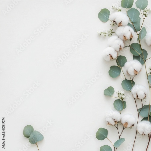 Soft cotton branches and eucalyptus leaves arranged on a light background for...