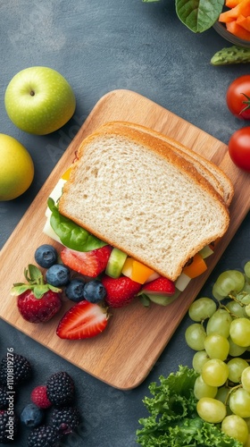 Fresh vegetable sandwich on wooden board surrounded by assorted healthy ingre...
