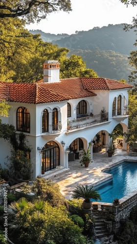Luxurious villa with a pool surrounded by lush greenery in a mountainous region