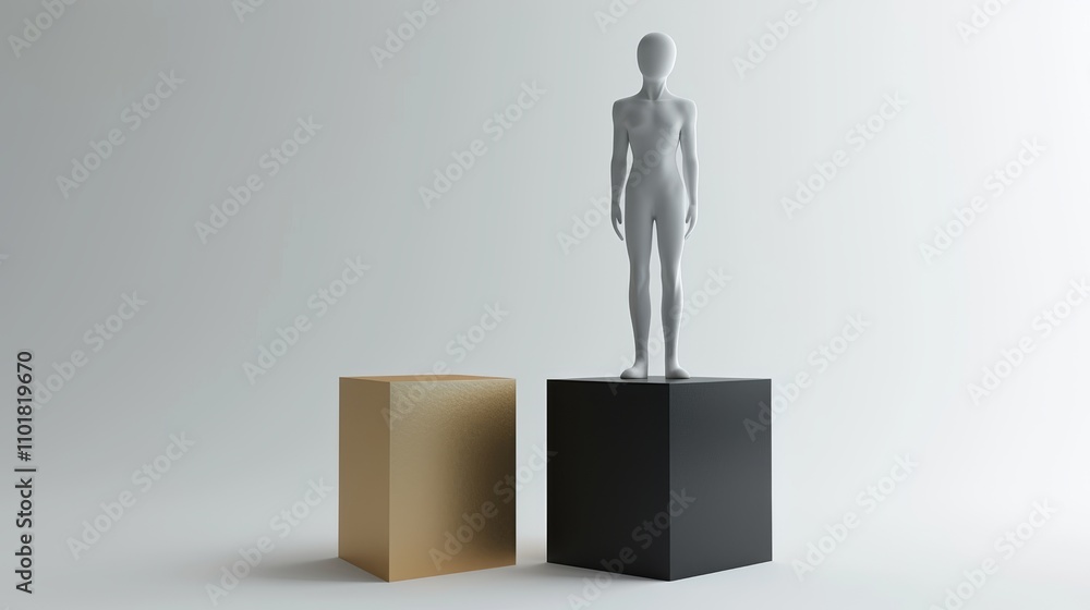 A white humanoid figure stands atop a black cube next to a gold cube in a minimalistic setting. The contrast between colors and shapes suggests themes of choice and balance. A white humanoid figure stands atop a black cube next to a gold cube in a minimalistic setting. The contrast between colors and shapes suggests themes of choice and balance.