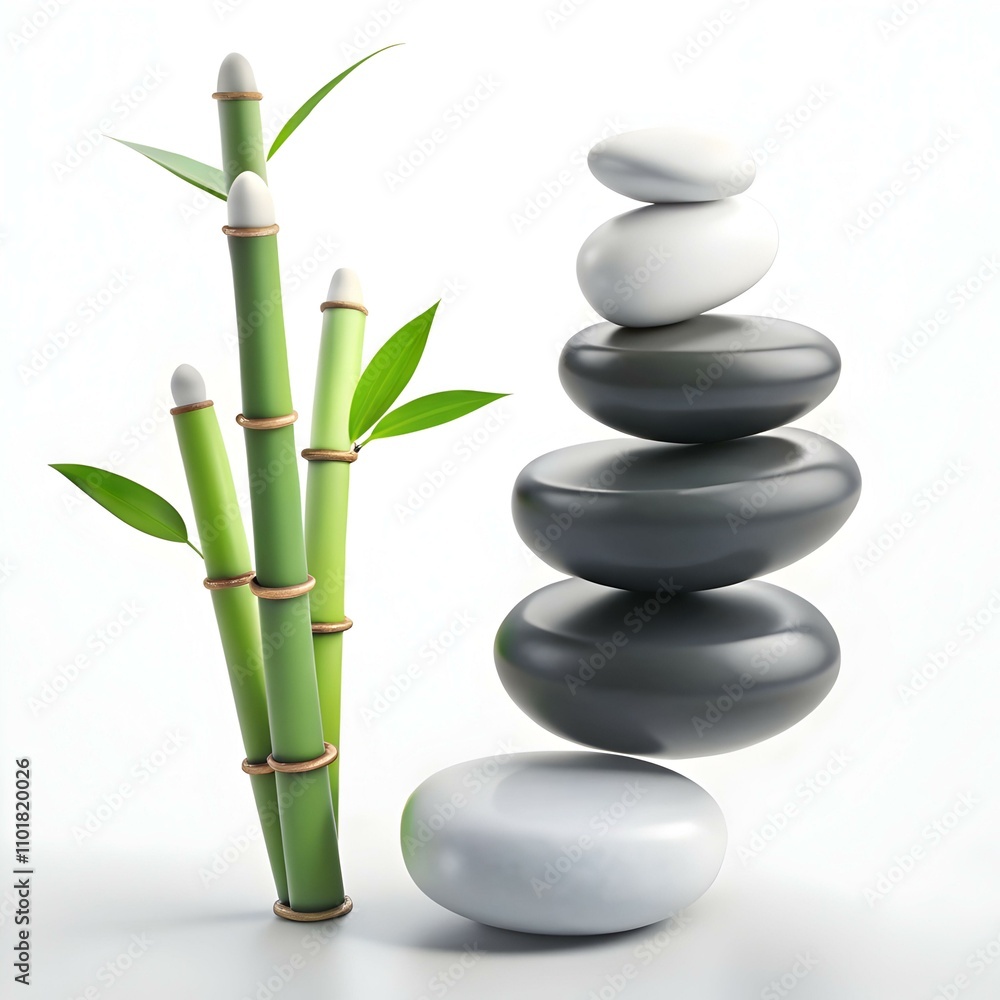Serene Floating Zen Stones and Levitating Bamboo for Spa Wellness Retreats on White Background Serene Floating Zen Stones and Levitating Bamboo for Spa Wellness Retreats on White Background