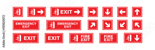 Emergency fire exit red sing with arrow icon. Escape door, icons of a running person. Isolated vector