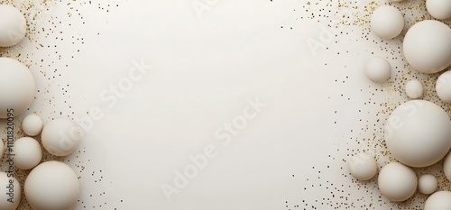Decorative design with white spheres and golden glitter on a blank background
