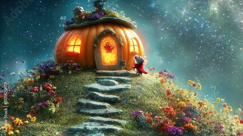 A tiny mouse with a red scarf exploring a fairytale pumpkin house perched on a small hill.