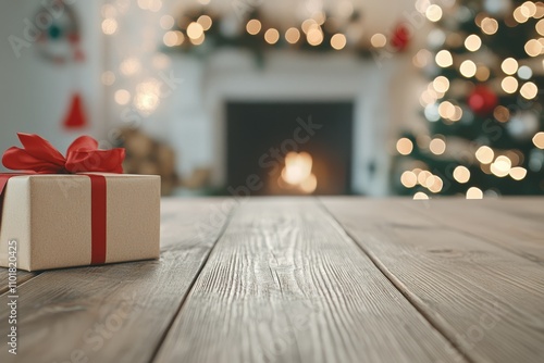 Holiday gift on a wooden table with a fireplace and blurred lights in the bac...