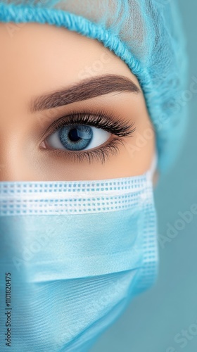 Medical professional wearing protective equipment with focus on the eyes and ...