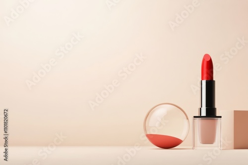 Stylish makeup display featuring red lipstick and cream blush against soft ba...