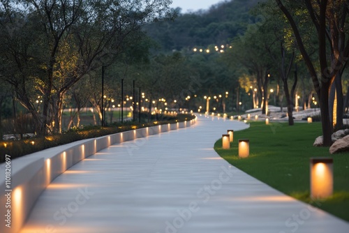 Evening stroll along a beautifully lit wooden pathway in a serene park