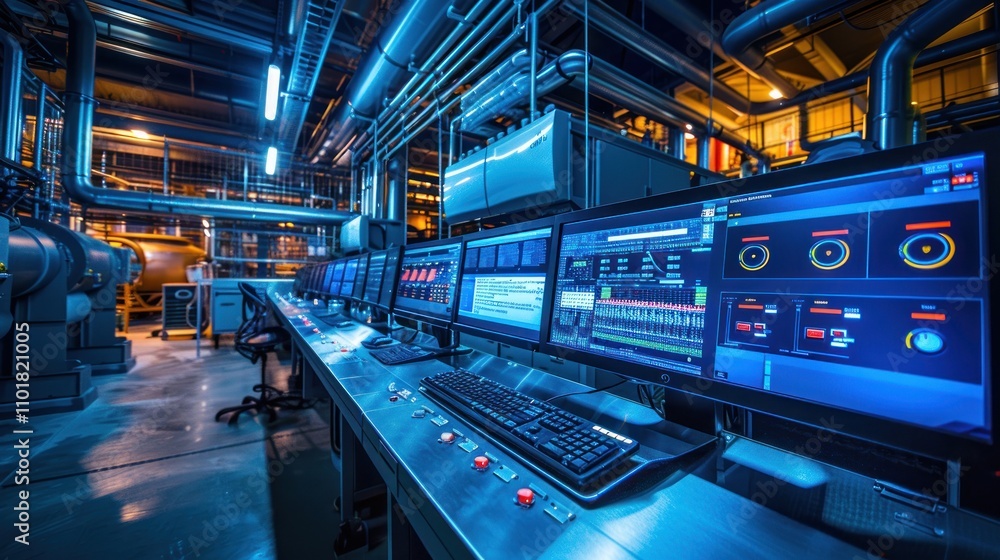 Fototapeta premium Control room with monitors displaying data and controls for industrial processes.