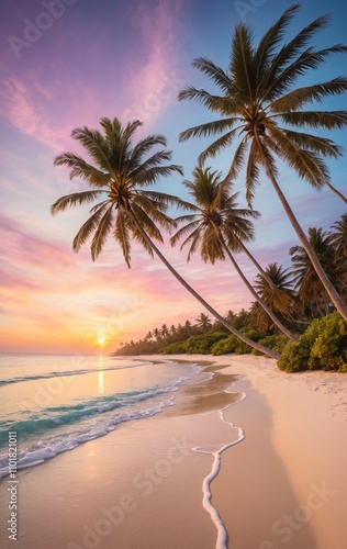 sunset in a tropical landscape with palm trees and leaves