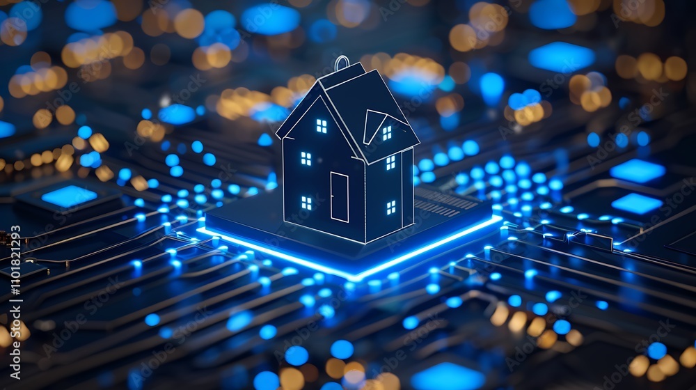 A digital representation of a house on a circuit board, symbolizing smart home technology and innovation. A digital representation of a house on a circuit board, symbolizing smart home technology and innovation.