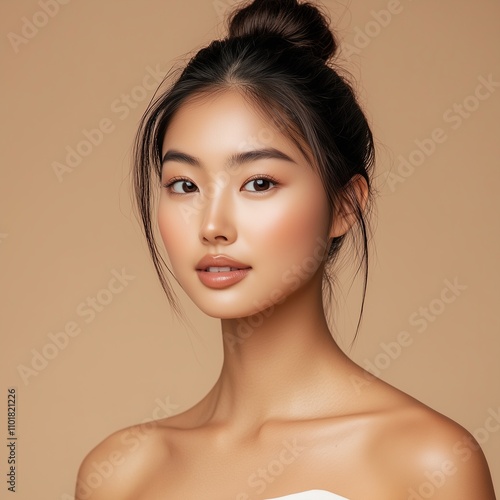 A young woman with flawless skin, posing in front of a beige background for a product advertisement