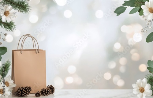 Natural design composition with brown paper bag surrounded by flowers and pin...