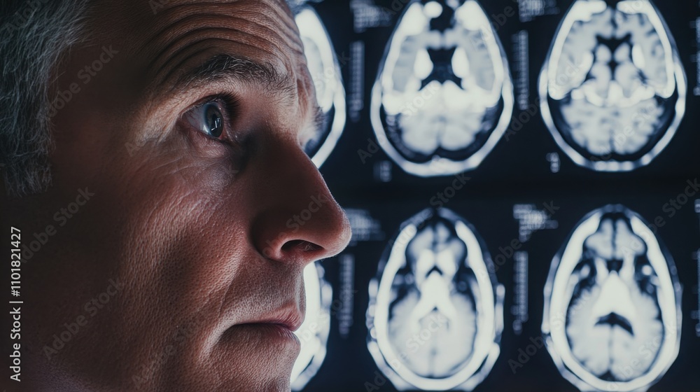 Naklejka premium Close front view of a doctora??s face as they study a brain MRI scan with intense concentration.