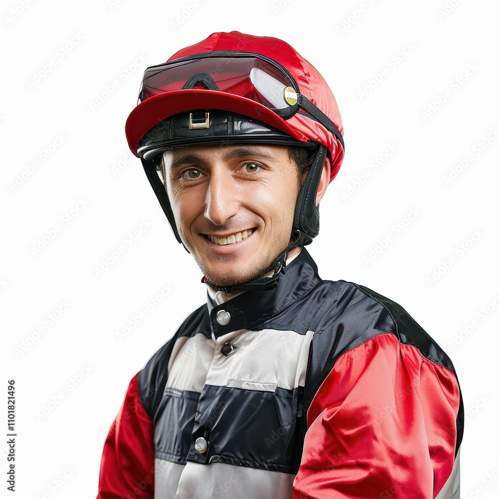 Portrait of a male jockey in racing attire ready for horse racing Portrait of a male jockey in racing attire ready for horse racing