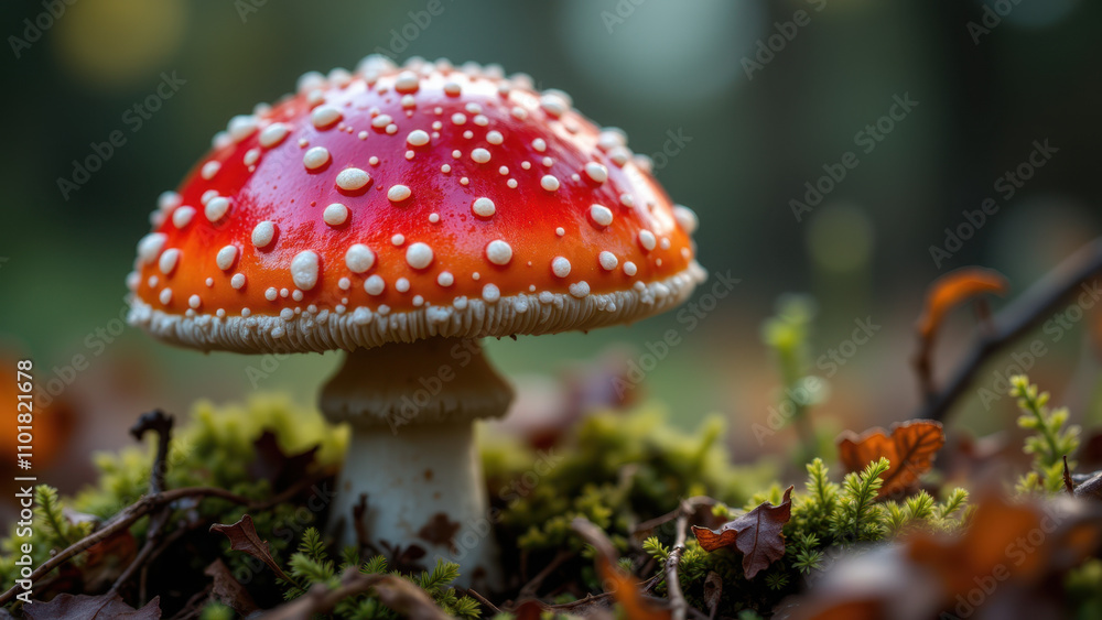 Close-up of a red muscimol mushroom with white spots on a forest floor. Close-up of a red muscimol mushroom with white spots on a forest floor.