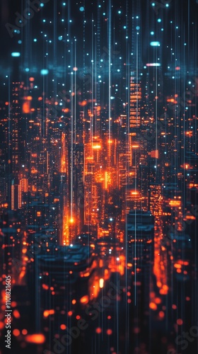 City skyline illuminated by neon lights creating a futuristic atmosphere duri...