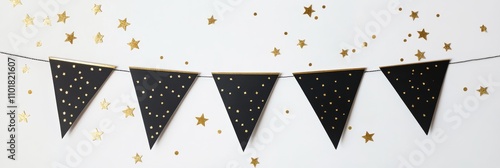 Decorative black and golden bunting with stars for a festive celebration setup