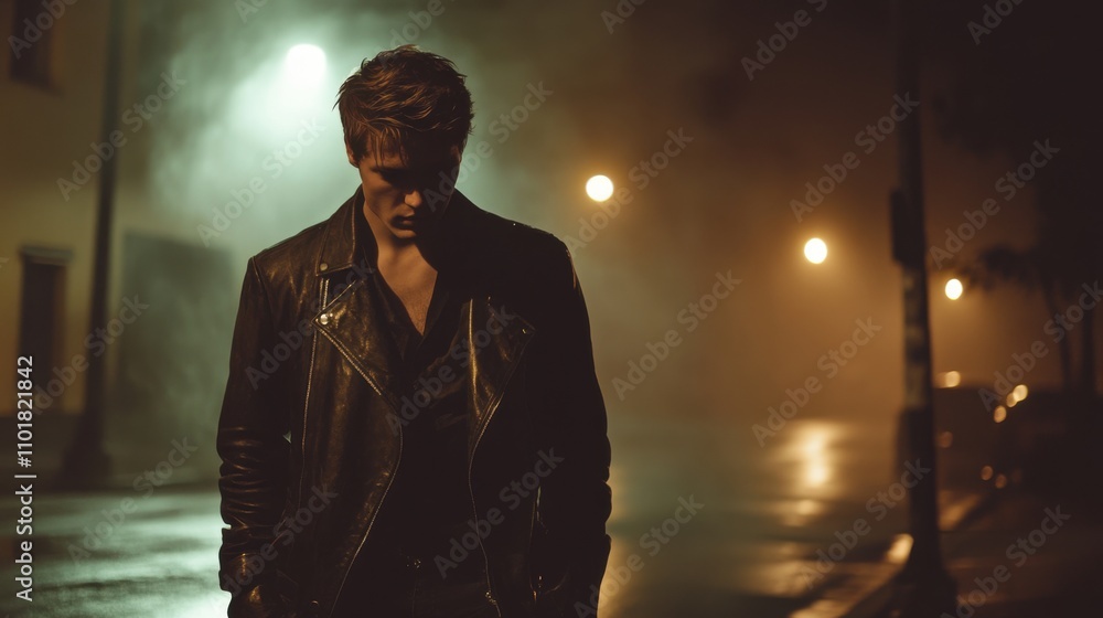 Fototapeta premium Nighttime City Street Foggy Atmosphere Man Leather Jacket Moody