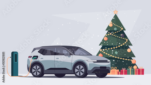 A modern electric vehicle (EV) parked near a festive Christmas tree, adorned with glowing fairy lights, ornaments, and a star at the top.