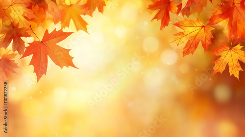 Beautiful orange and golden autumn maple leaves with blurred park background in sunlight