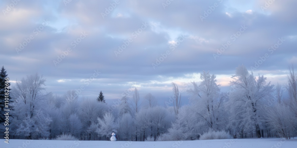A snowman standing tall in a wintry landscape surrounded by snow-covered trees and a cloudy sky, seasonal, winter A snowman standing tall in a wintry landscape surrounded by snow-covered trees and a cloudy sky, seasonal, winter