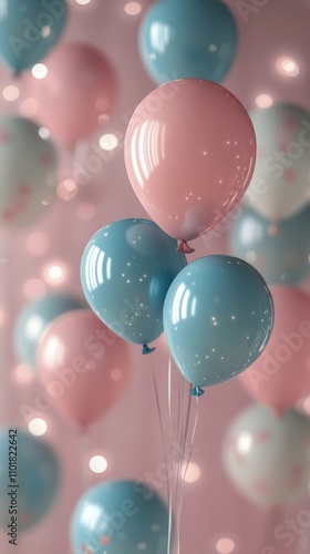 Colorful balloons float against a pink background for celebration and decorat...