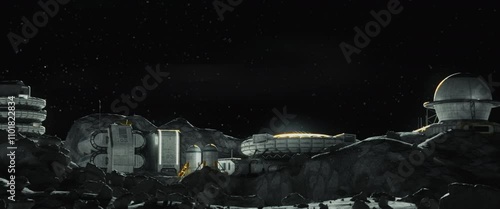 Moon surface with a lunar base on the horizon
