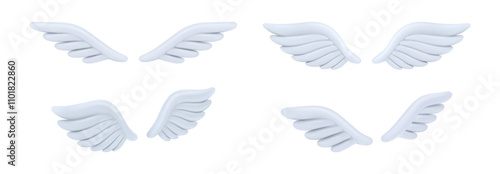 Angel wings in different positions, game assets or personage appearance. Vector isolated animal or fairy decoration, heraldic element. Symbol of innocence and freedom, 3d realistic icons
