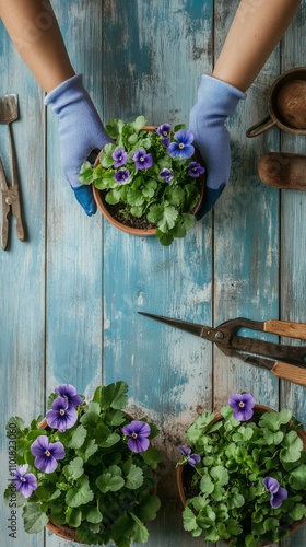 Hands planting purple flowers in pots on a blue wooden table during a gardeni...