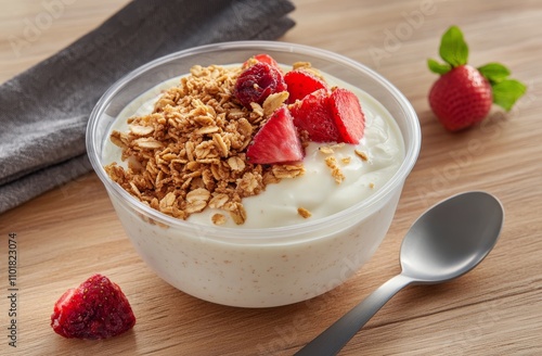 Delicious yogurt bowl with granola and fresh strawberries in a cozy setting