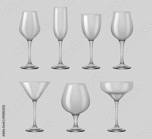 Glasses of champagne, wine and martini drinks on transparent background in realistic design. Vector wine glasses for bar alcohol drinks, goblets for beer and margarita, whiskey party glass