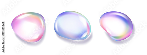 Liquid drop with gradient rainbow effect. Vector isolated realistic set of icons with holographic surface texture. Soap water bubble, abstract rounded shape with chromatic fluid spectrum design
