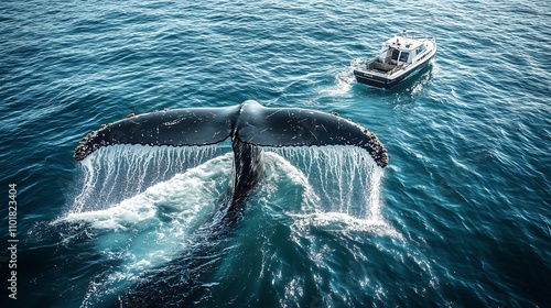 Top-down perspective of a humpback whale's tail breaking the surface of the ocean, with a small motorboat cruising at a safe distance.