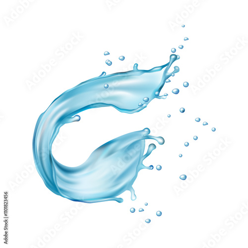 Clear aqua falling water, wave swirl with drops, smooth droplets vector illustration. Splashing bubbles, realistic splash water with drops, drink 3d element. Graphic design of smooth water