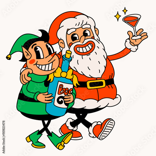 Drunk Santa Claus and elf. Groovy vintage funny Santa and elf characters celebrating holidays. Ideal for Christmas and New Year sticker designs and decorations, vector illustration