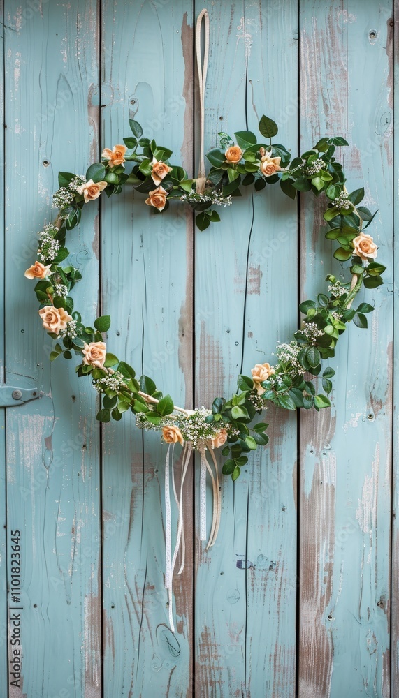 Romantic heart shaped wreath adorned with lace ribbons and roses for a charming door display Romantic heart shaped wreath adorned with lace ribbons and roses for a charming door display