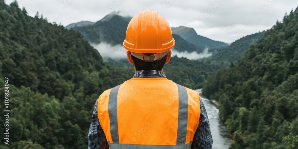 Construction worker observing scenic landscape mountainous area outdoor photography nature wide angle safety perspective Construction worker observing scenic landscape mountainous area outdoor photography nature wide angle safety perspective