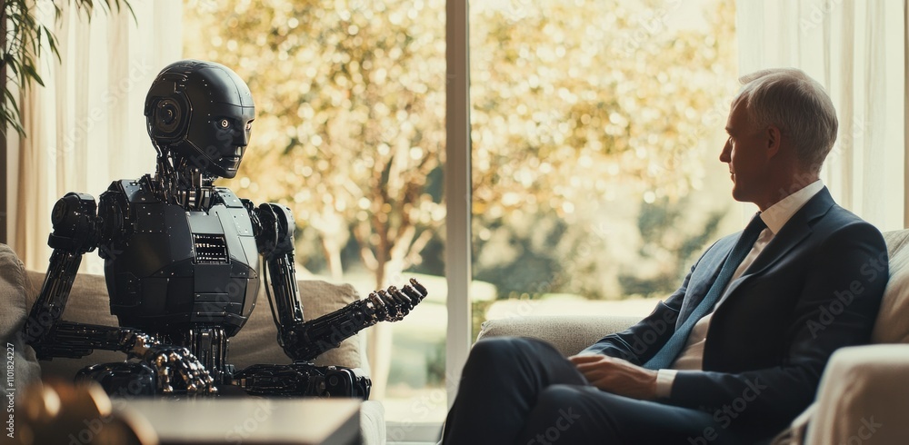 Robot and human share ideas in modern living room setting Robot and human share ideas in modern living room setting