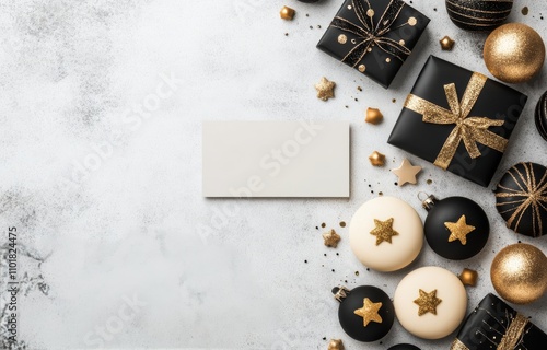 Festive arrangement of black and gold ornaments, gifts, and stars for a celeb...