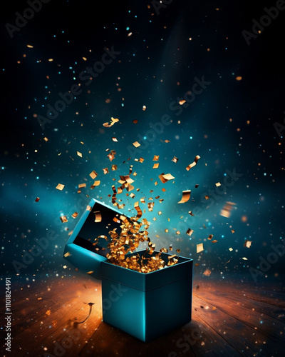 Obraz na płótnie Christmas banner with copy space. A delightful Celebration Gift Box that features a stunning Golden Confetti Explosion inside w salonie