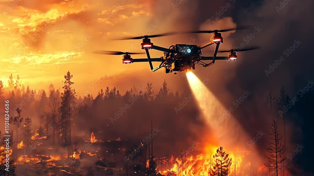 Advanced firefighting drone extinguishing flames in charred forest