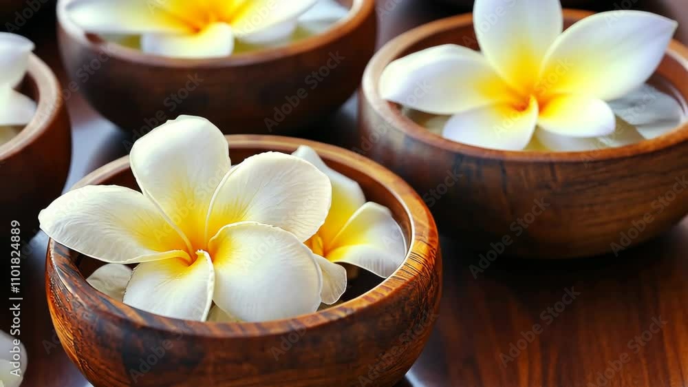 Fragrant white flowers floating in wooden bowls arranged on a table for a calming display in a serene setting Fragrant white flowers floating in wooden bowls arranged on a table for a calming display in a serene setting