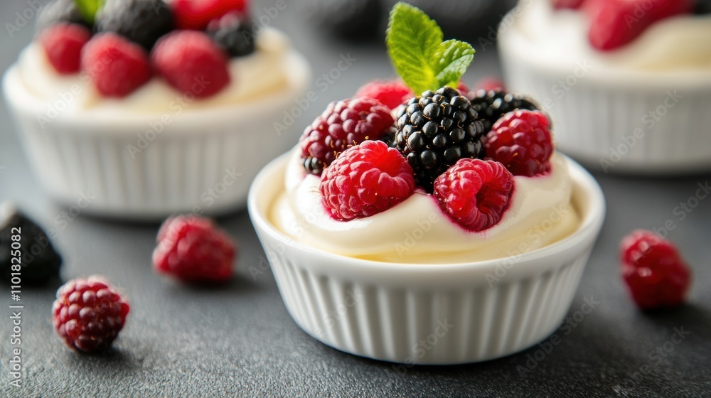 Creamy dessert topped with fresh berries on a dark surface Creamy dessert topped with fresh berries on a dark surface