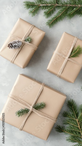 Wrapped gifts on wooden table with dried flowers and rustic decor