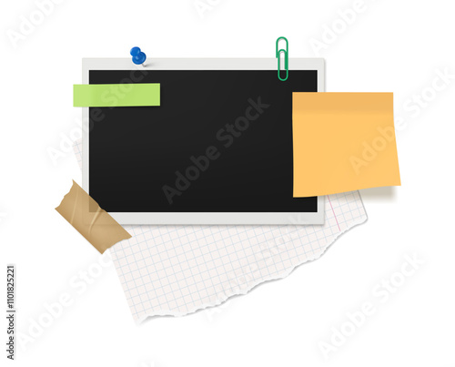 Mockup of empty realistic film snapshot picture, notes for photographer modern photo frame. Vector collage of trendy elements paper and adhesive tape. Scotch and polaroid, metal clip fastener