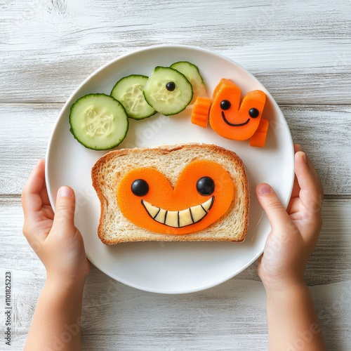 Creative vegetable and cheese sandwich faces served on a white plate for fun ...