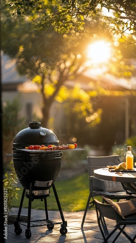 Cooking delicious vegetables on a barbecue grill during sunset in a peaceful ...